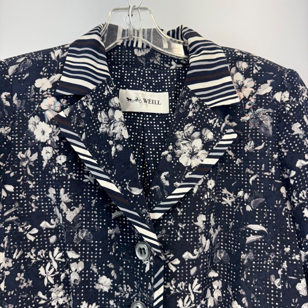 Weill Paris 100% Silk Floral Polka Dot Striped Trim Blazer Navy White Size 10 - Picture 10 of 16